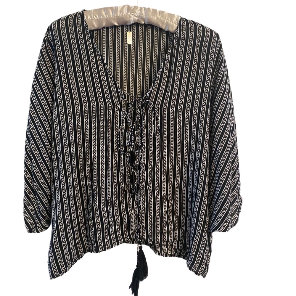 Indah Oversized Lace-Up Blouse in Black & White Size M